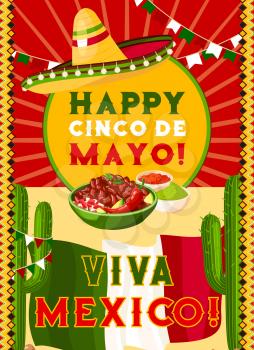 Happy Cinco de Mayo greeting card with mexican flag and fiesta party food. Festive sombrero hat, chili and jalapeno pepper, guacamole and cactus banner with frame of Latin American ornament