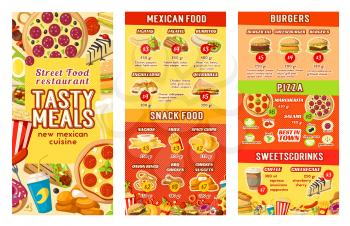 Fast food restaurant menu design template for street food, burgers or pizza and Mexican cuisine. Vector price for fastfood cheeseburger sandwich, hot dog or hamburger and burrito, donut and fries
