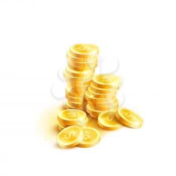 Golden coins pile or gold cent coin stack icon for banking finance or casino poker bet design template. Vector isolated golden dollar coins money for jackpot online bet game or rich wealth and lottery