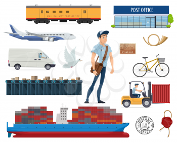 Post mail delivery and postman vector flat icons for postage services. Isolated symbols of post office, stamp, shipping cargo transport of ship or airplane and mailman for letter parcel delivery