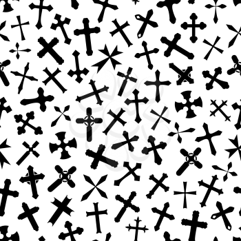 Christian cross or crucifix seamless pattern background of crucifixion icons for religious Easter background design template. Vector Orthodox, Catholic or Evangelic church religion cross crucifix