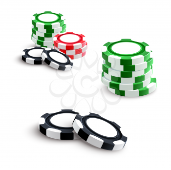 Casino poker gambling chips or bet tokens. Vector isolated poker game green, red and black chips pile stacks set for online casino poker, gambling slot machine or internet gamble bets design