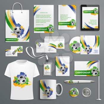 Soccer cup championship promo materials and football game tournament branding stationery template icons. Vector soccer t-shirt apparel, business card, flag, mug cup and paper bag with ball on arena