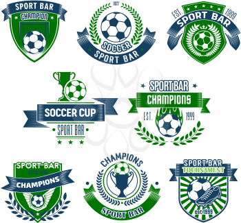 Soccer sport bar or fan club pub icons design templates set. Vector isaolted herldic badges of football ball, viotry cup and soccer champion ribbon with cronw and stars for college league team