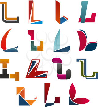 L letter icons template for corporate or business company and brand name emblem. Vector letter L set in different abstract shape in red, green, blue and yellow color for creative or industrial design