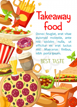 Fast food restaurant poster template for fastfood takeaway menu. Vector design of street food burgers or hot dog and pizza, popcorn and cheeseburger sandwich or burrito, chicken nuggets and fries
