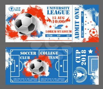 Soccer world cup 2018 tickets design template for football championship in red, blue and white Russia colors. Vector international tournament 15 August admit tickets with soccer team flags and ball
