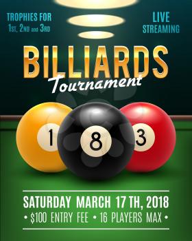 Pool billiards tournament announcement poster template of color balls and snooker cues on green table. Vector design for billiards team championship for carom sport game players