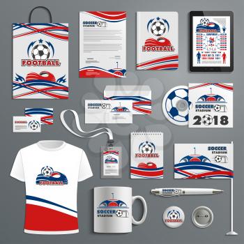 Soccer sport game or football cup championship promo materials, stationery and apparel icons for branding. Vector soccer t-shirt, business card, flag, mug cup and paper bag with ball on arena design