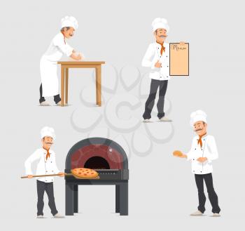 Bakery shop and baker at bakehouse. Vector flat design of baker at work or baker man with baked fresh buns at furnace oven with bagel loafs and sweet pastry baguette on shelf for bakery shop menu