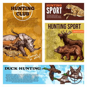 Hunter club or hunting open season sketch posters of wild African animals for safari hunt. Vector design for sport hunting club on rhinoceros, cheetah panther or grizzly bear and ducks