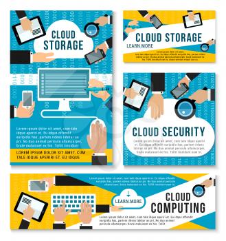 Cloud storage and digital data transmission security posters for internet communication technology. Vector flat design of cloud data sharing or web networking services for internet digital computing