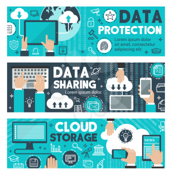 Data protection and internet privacy security banners for web cloud storage sharing and digital communication technology. Vector flat design of smartphone, computer and multimedia devices