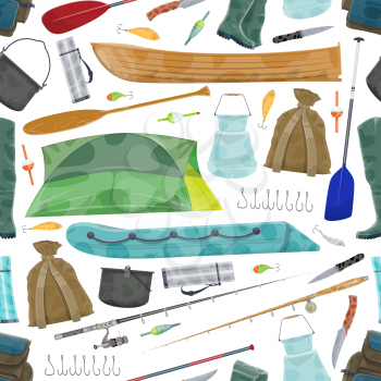 Fishing seamless pattern of fisherman equipment for fish catch. Vector pattern background of tackles, hooks and baits, waders rubber boots and inflatable boat and tent, fishing net and rod or bowler