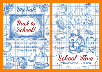 Back to School sale or seasonal discount shop promo posters of school bag and stationery. Vector ink pen sketch design of chalkboard, book or pencil and maple leaf on checkered pattern background