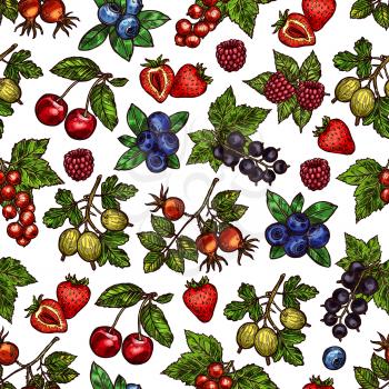 Vector set with seasonal summer berries. Strawberry or currant, blueberries and raspberries, cherries or gooseberry and dogrose. Vector pattern with colorful berries isolated on white background