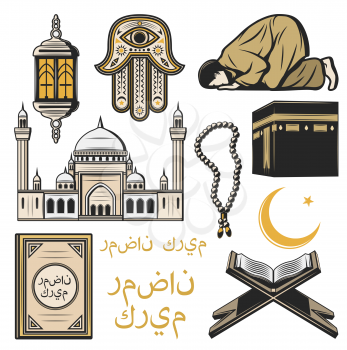 Islam icon of muslim religion and arabic culture symbol. Crescent moon, star and Ramadan lantern, mosque, Holy Quran and arabic calligraphy, Mecca Kaaba mosque, prayer or salah and hamsa hand amulet