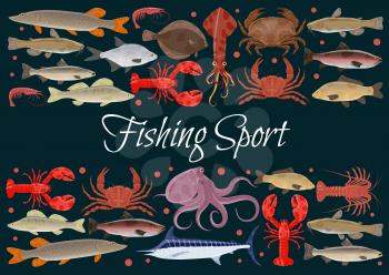 Fishing sport seafood and fresh fish poster. Vector design of fisher catch sea food squid, turtle or tuna and shrimp, octopus or lobster crab and trout, ocean sardine and herring or flounder and squid