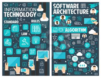 Information technology and computer software architecture brochure. Vector online or web cloud data icons for digital programming or user network sharing and communication innovations