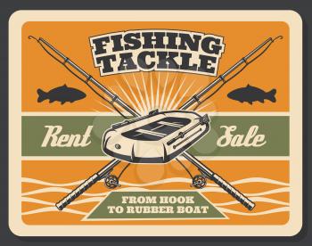 Fishing store for tackles and fisher baits equipment vintage poster. Vector retro design of fish rod and mackerel, trout or flounder catch, inflatable boat and paddles in sea or lake water