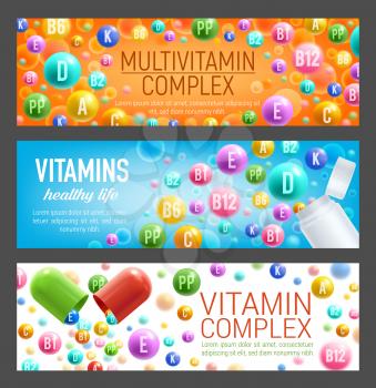 Vitamins and multivitamins complex banners for healthcare dietary supplements. Vitamin c, B or E and D pills and 3D capsules for healthy nutrition and pharmacy advertisement package design