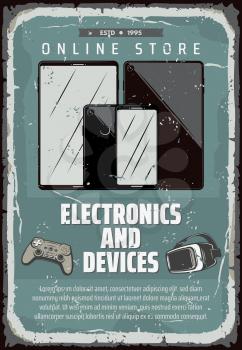 Electronic devices online store retro poster of smart appliances. Vector vintage design of mobile phone or smartphone or tablet pad, VR glasses and gamepad joysticks for internet technology
