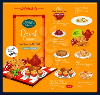 Danish cuisine traditional food menu. Vector lunch and breakfast offer for porridge with raspberry jam, cabbage and ham soup or peas and pasta salad with Danish pepper nuts