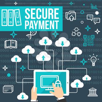 Secure online payment and money transaction security technology poster. Vector private data protection and files encryption in internet web cloud for safe user communication