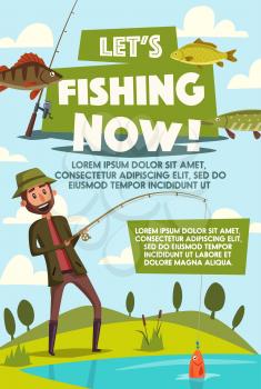 Fisherman on fishing vector poster for big fish catch. Vector cartoon design of man with rod at lake or river with tackles and baits for trout, perch or pike and salmon fishing