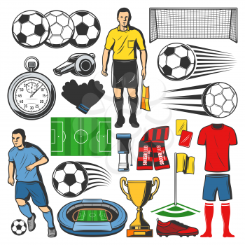 Soccer sport play items. Vector isolated icons of football ball, soccer player and goalkeeper, referee stopwatch and whistle, arena stadium and uniform or championship winner cup
