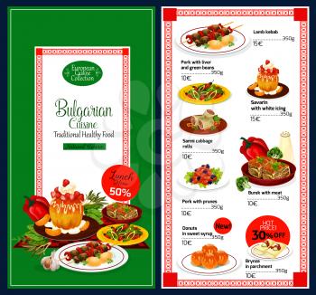 Bulgarian cuisine traditional food menu. Vector lunch offer for lamb kebab, pork and liver with beans, sarmi cabbage rolls or meat burek and Bulgarian brynza in parchment with donunts