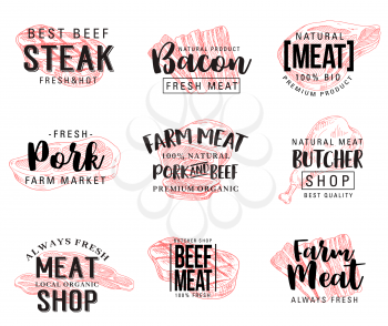 Meat and butcher shop products sketch lettering. Vector steak meat and sausages of cervelat, pepperoni, pork filet or beef cutlet and brisket or ham bacon with gourmet spices for farm butchery