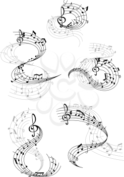 Music notes waves icons of musical staff and clef symbols. Vector design of wavy musical notes for jazz night or opera concert and orchestra players performance
