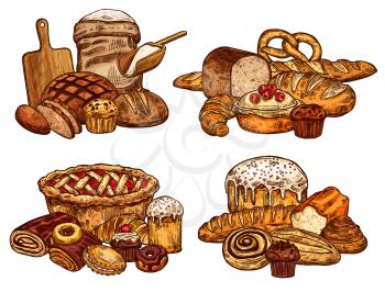 Bakery shop bread and pastry sketch. Vector design of wheat loaf and rye bagel or croissant baguette, flour bag and cutting board with rolling pin, chocolate donut or sweet cookie for patisserie