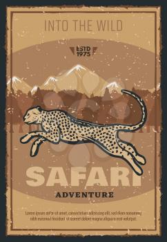 Safari hunting adventure retro poster for hunter club. Vector vintage design of wild African cheetah panther or leopard cougar in savanna for hunt open season or trophy