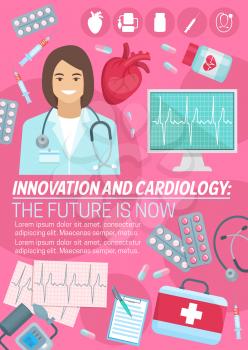 Cardiology and innovation cardio medicine poster for heart health clinic and medical surgery. Vector design of cardiologist doctor, first aid kit and syringe or treatment pills with cardiogram
