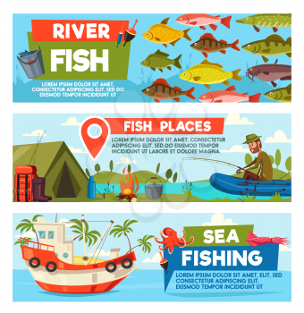 Fisherman on lake or river for big fish catch fishing. Vector cartoon banners of fisher man in boat or ship in sea with rod and fish catch and camp tent and bowler with thermos on shore