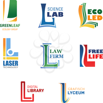 Letter L icons for corporate identity and brand name in environment ecology, science laboratory or electronics and medical industry. Vector letter L for digital library and education