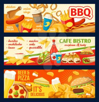 Fast food burgers, sandwiches or pizza and desserts for fastfood restaurant or cafe menu. Vector design of hamburger, cheeseburger or hot dog and BBQ chicken nuggets with beer and soda drink
