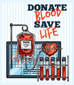 Blood donation sketch design for World blood donor day. Vector lettering and medical items of cardiogram, heart pulse or blood transfusion dropper and test vials