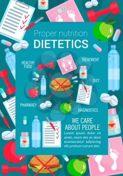 Dietetics and proper nutrition poster for healthy food and diet. Vector apple fruit and low fat meal or no hamburger prescription, fitness sport and dietary medical items for weight loss