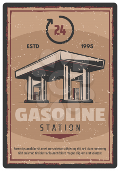 Gasoline station retro poster for car fuel. Vector vintage design of gas station 24 hours service for automobile shop or mechanic repair center or garage
