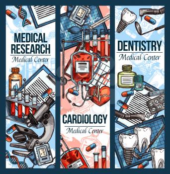 Dentistry and cardiology medical sketch banners for health clinic and treatment. Vector dental and cardio medicines, pills or syringe, tooth or cardiogram and blood transfusion or dentist implant