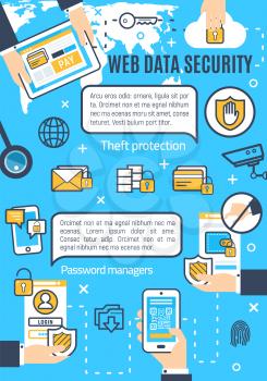 Web data security in internet and online secure access technology. Vector poster design of user secure communication and fingerprint code encryption for files and data exchange or sharing