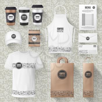 Cafe or cafeteria merchandise and advertising materials mockups. Vector 3D coffee cup, ashier or waiter t-shirt and cap, paper bag or apron and receipt design with cofeehouse brand name