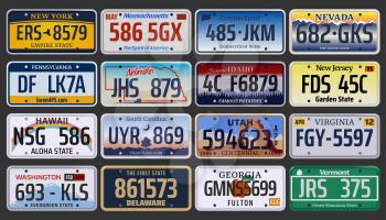 Vehicle registration number plates of American states and city. Vector set of car license number plate from New York, Pennsylvania or Washington and Hawaii, Idaho or Virginia and New Jersey region