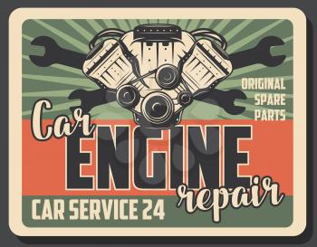 Car engine repair retro poster for garage station or mechanic service. Vector vintage design of motor valve spare parts, wrench or spanner for automobile repair