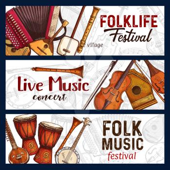Folk music festival sketch banners of traditional musical instruments. Vector design of zither, American banjo guitar or flute and reed pie with Japanese shamisen and Indian sitar for live concert