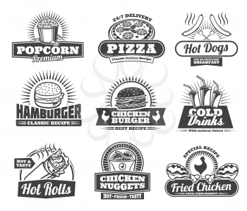 Fast food retro icons of fastfood meals and snacks or drinks for cafe, restaurant or bistro menu. Vector popcorn, pizza or hot dog sausage, hamburger or cheeseburger and soda or coffee drink