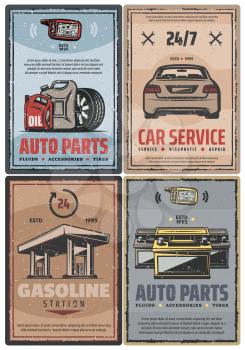 Car and auto service retro posters. Vector vintage design for mechanic repair and petrol or gasoline station, garage alarm security installation, tire fitting and spare parts store